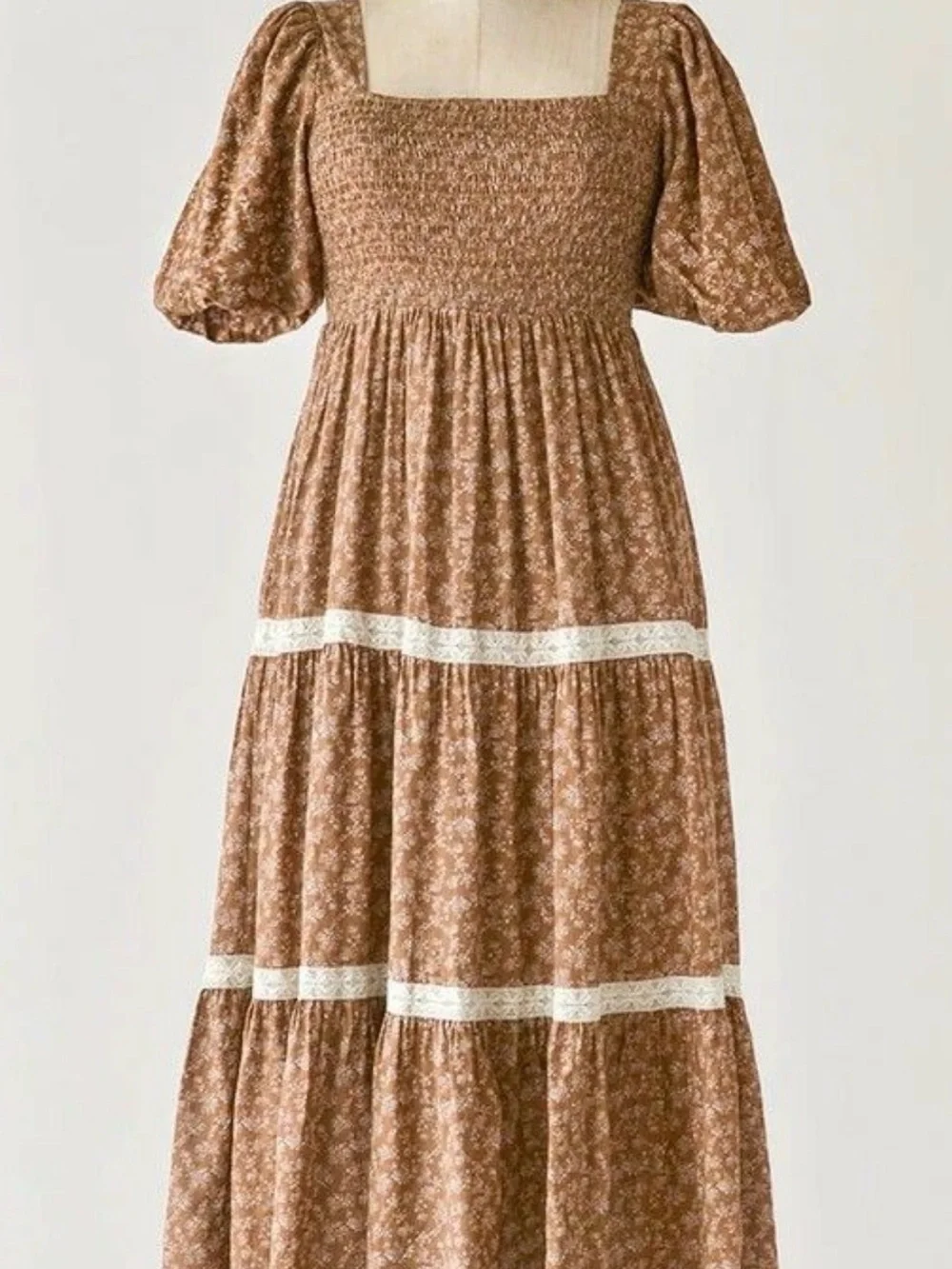 Brown Floral BÖHME Smocked Dress with Puff Sleeves
